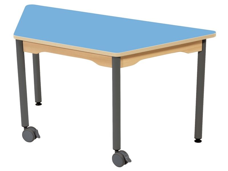 TABLE PLATEAU STRATIFIÉ - PIÉTEMENT MÉTAL ET ROULETTES - Trapèze 120x60 cm