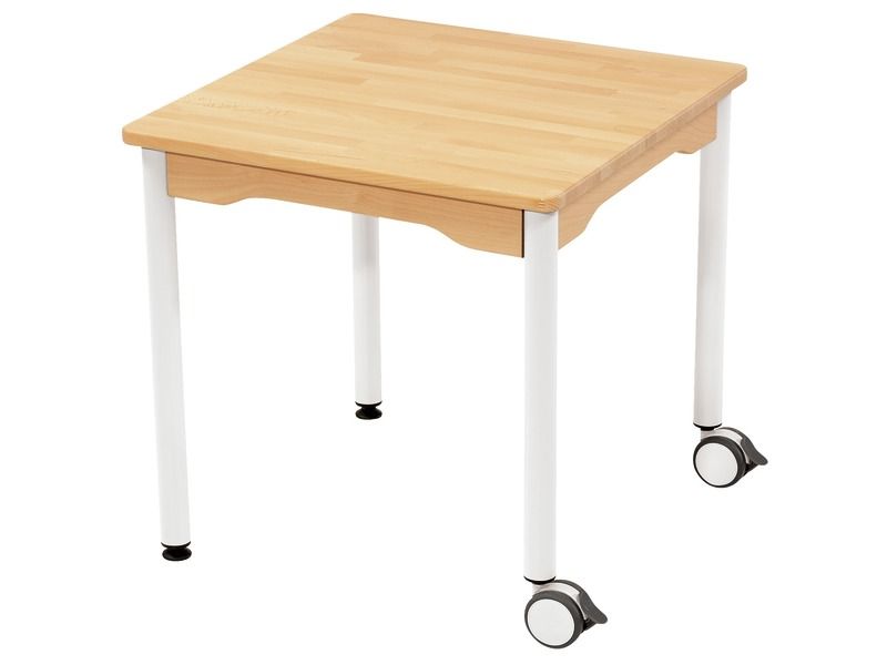 TABLE EN HÊTRE MASSIF NATURE - PIÉTEMENT MÉTAL ET ROULETTES - Carré 60x60 cm