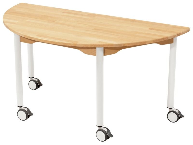 TABLE EN HÊTRE MASSIF NATURE - PIÉTEMENT À ROULETTES - Demi-rond 120x60 cm