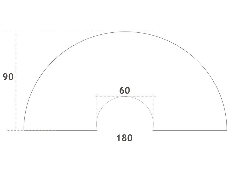TAFEL MET GELAMINEERD BLAD - ONDERSTEL OP WIELTJES - Halve cirkel 180 x 90 cm